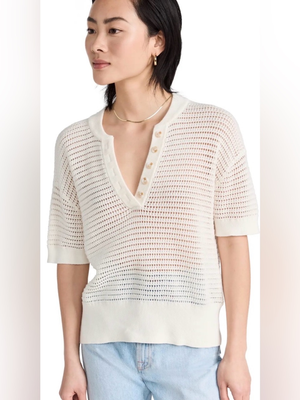 Varley Callie Open Knit Short Sleeve Sweater Top Cream Egret Oversized XS $110